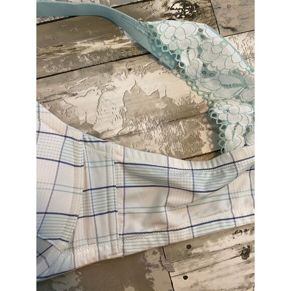 Lane Bryant Cacique light blue plaid print boost plunge underwire bra 44DD - Picture 4 of 7